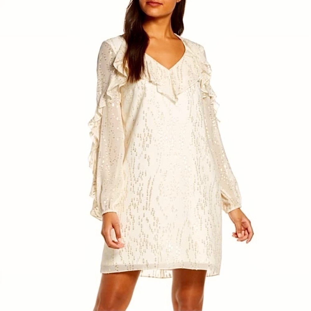 NWT Lilly Pulitzer Belle Metallic Ruffle-Trim Silk Shift Mini Cocktail Dress